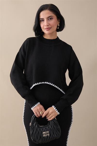 Boydan Biyeli İkili Siyah Triko Takım