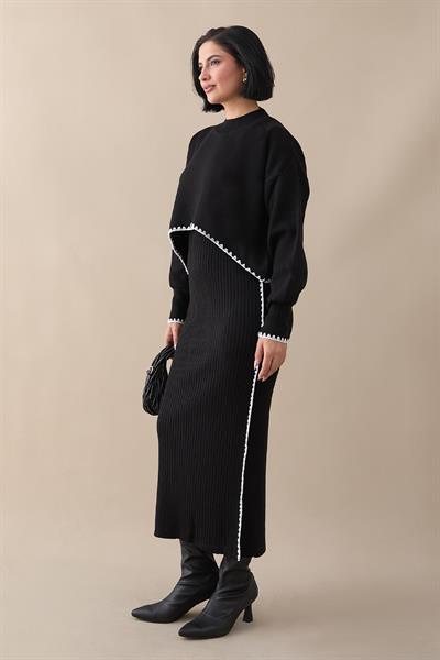 Boydan Biyeli İkili Siyah Triko Takım