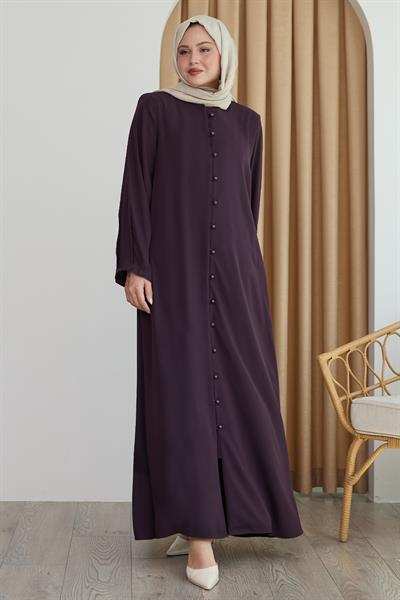 Boydan Boncuk Düğmeli Mor Ferace