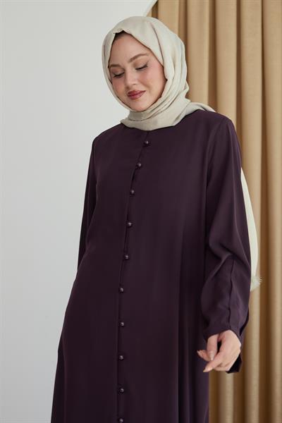 Boydan Boncuk Düğmeli Mor Ferace