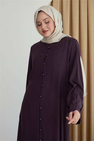 Boydan Boncuk Düğmeli Mor Ferace
