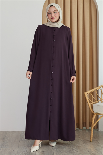 Boydan Boncuk Düğmeli Mor Ferace