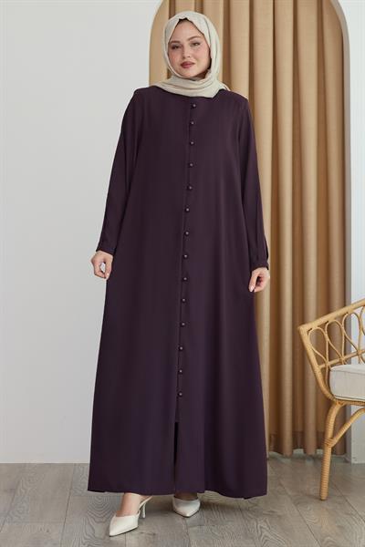 Boydan Boncuk Düğmeli Mor Ferace