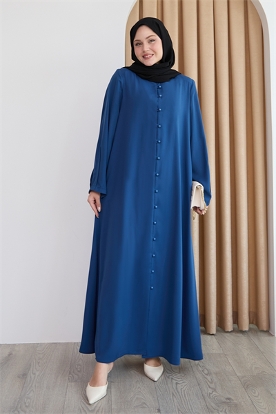 Boydan Boncuk Düğmeli Saks Mavisi Ferace