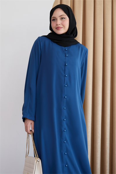 Boydan Boncuk Düğmeli Saks Mavisi Ferace