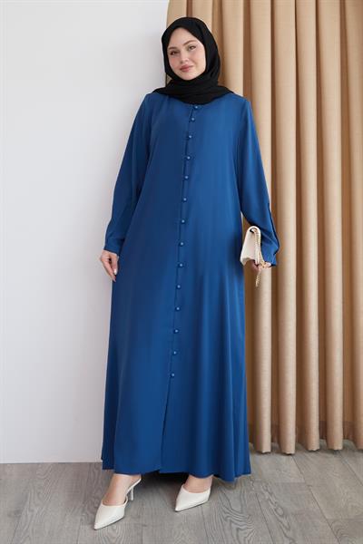 Boydan Boncuk Düğmeli Saks Mavisi Ferace