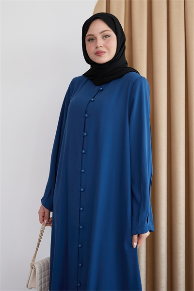 Boydan Boncuk Düğmeli Saks Mavisi Ferace