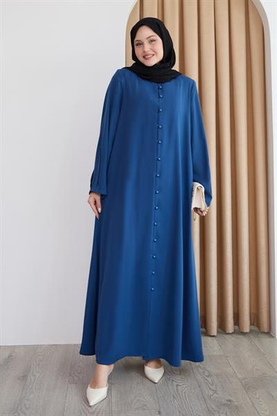 Boydan Boncuk Düğmeli Saks Mavisi Ferace