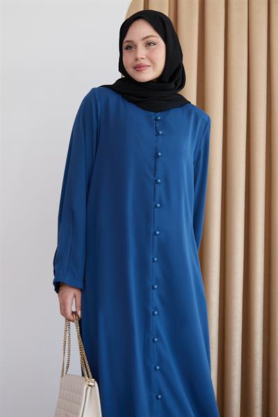 Boydan Boncuk Düğmeli Saks Mavisi Ferace
