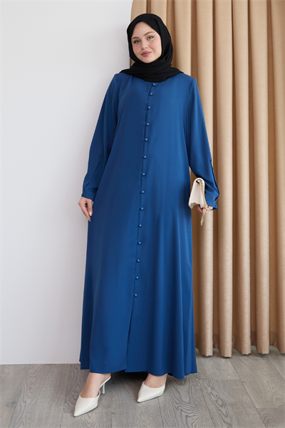 Boydan Boncuk Düğmeli Saks Mavisi Ferace