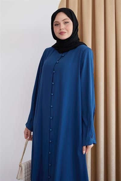 Boydan Boncuk Düğmeli Saks Mavisi Ferace