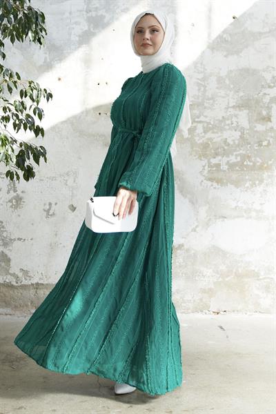 Boydan Bürümcük Zümrüt Yeşili Şifon Elbise