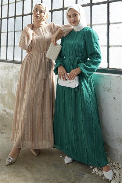 Boydan Bürümcük Zümrüt Yeşili Şifon Elbise