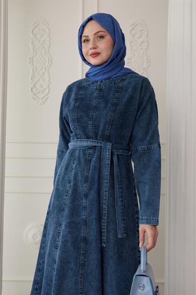 Boydan Dikiş Detaylı Açık Mavi Kot Elbise