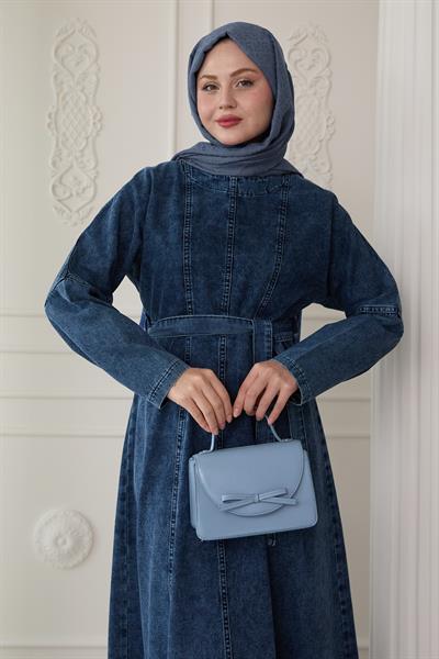 Boydan Dikiş Detaylı Açık Mavi Kot Elbise