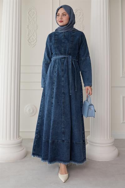 Boydan Dikiş Detaylı Açık Mavi Kot Elbise