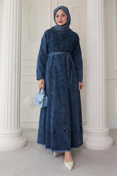 Boydan Dikiş Detaylı Açık Mavi Kot Elbise