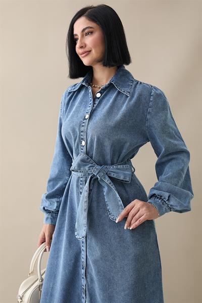Boydan Düğmeli Kuşaklı Koyu Mavi Kot Elbise