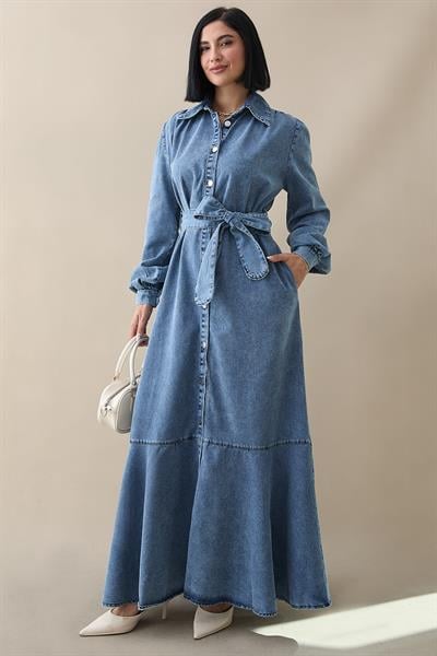 Boydan Düğmeli Kuşaklı Koyu Mavi Kot Elbise