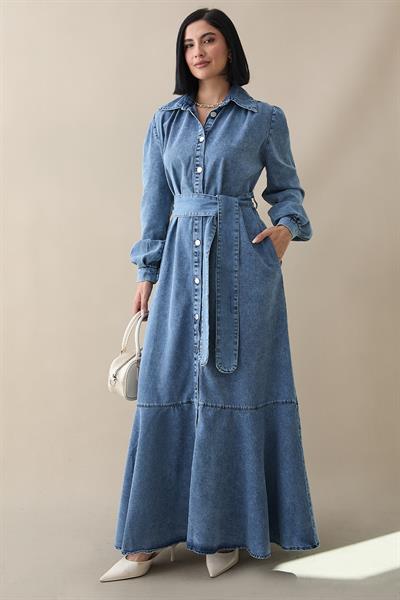 Boydan Düğmeli Kuşaklı Koyu Mavi Kot Elbise
