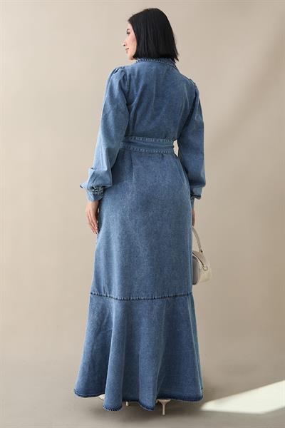 Boydan Düğmeli Kuşaklı Koyu Mavi Kot Elbise