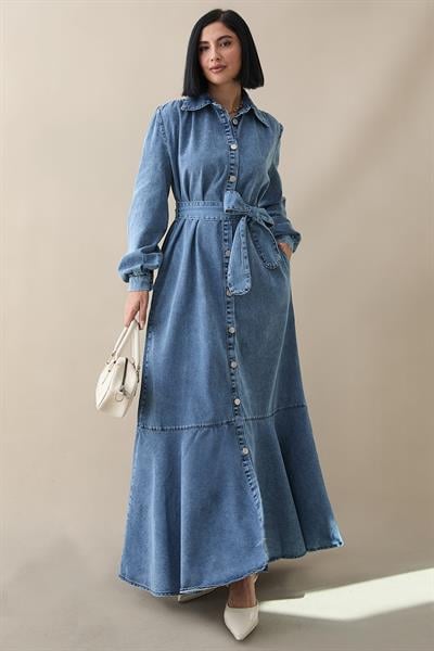 Boydan Düğmeli Kuşaklı Koyu Mavi Kot Elbise
