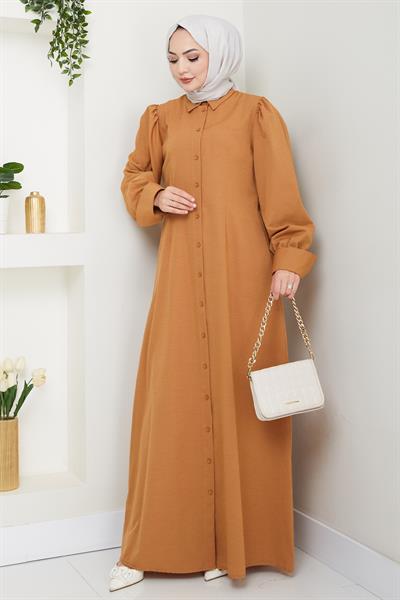 Boydan Düğmeli Trikoton Camel Elbise