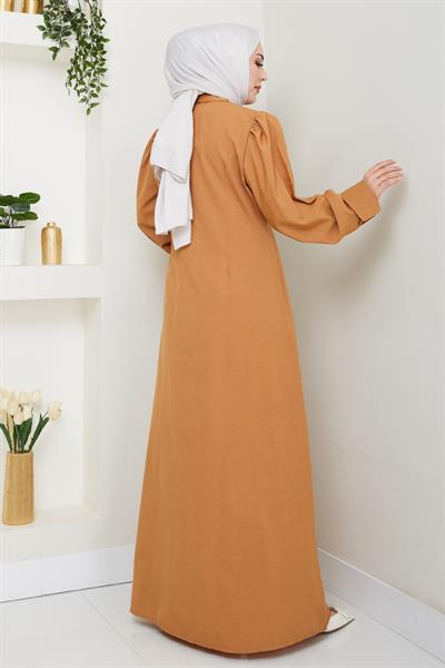 Boydan Düğmeli Trikoton Camel Elbise