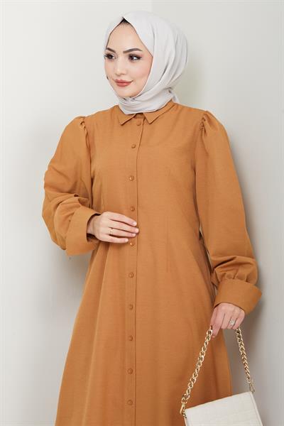 Boydan Düğmeli Trikoton Camel Elbise
