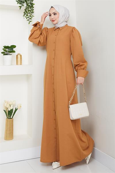 Boydan Düğmeli Trikoton Camel Elbise