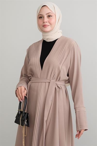 Boydan Pileli Detay Uzun Bej Abaya