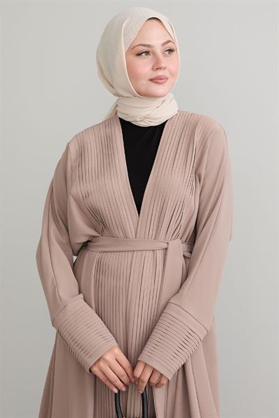 Boydan Pileli Detay Uzun Bej Abaya