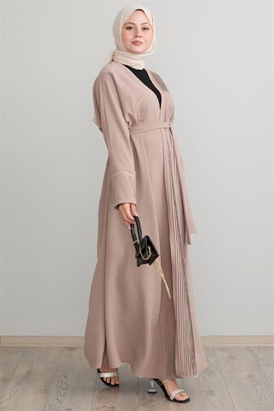 Boydan Pileli Detay Uzun Bej Abaya