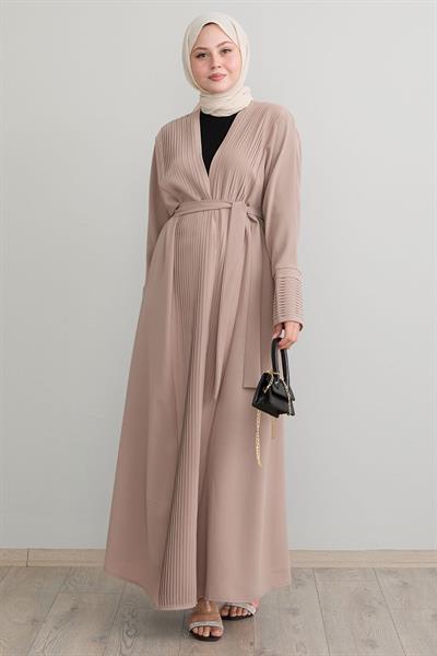 Boydan Pileli Detay Uzun Bej Abaya