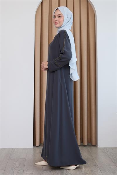 Boydan Renkli Şeritli Antrasit Ferace