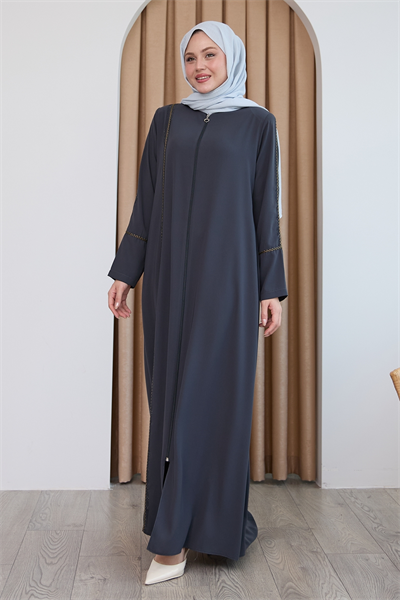 Boydan Renkli Şeritli Antrasit Ferace