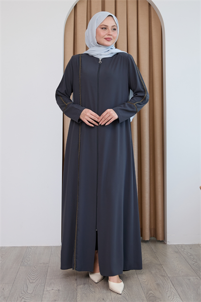 Boydan Renkli Şeritli Antrasit Ferace