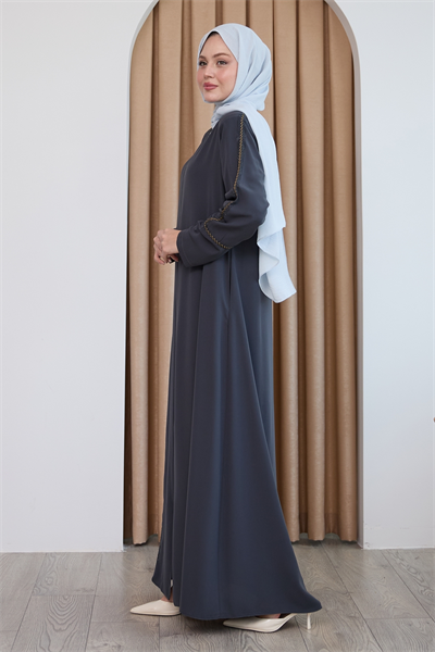 Boydan Renkli Şeritli Antrasit Ferace