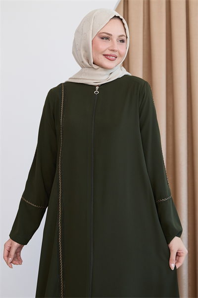 Boydan Renkli Şeritli Haki Ferace