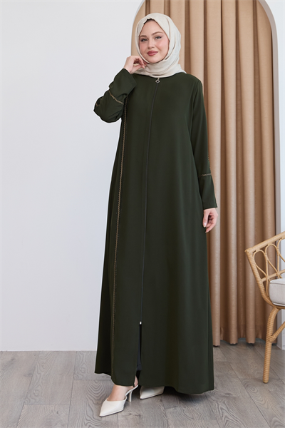 Boydan Renkli Şeritli Haki Ferace