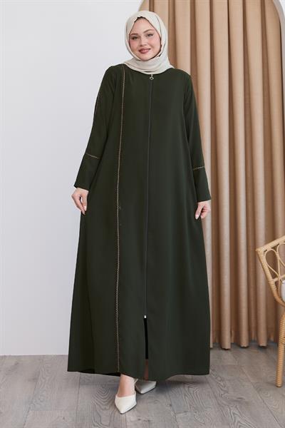 Boydan Renkli Şeritli Haki Ferace