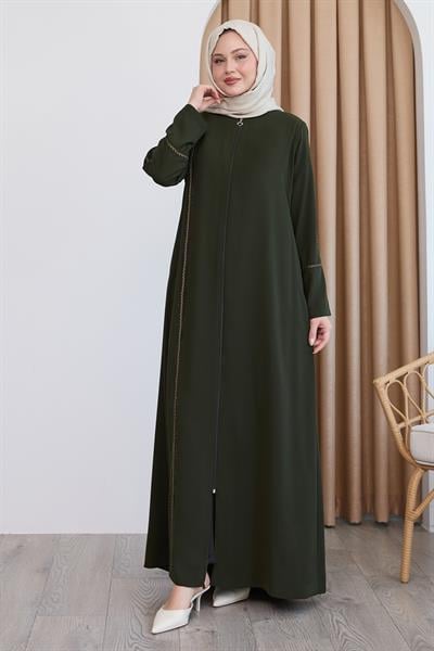 Boydan Renkli Şeritli Haki Ferace