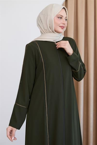 Boydan Renkli Şeritli Haki Ferace