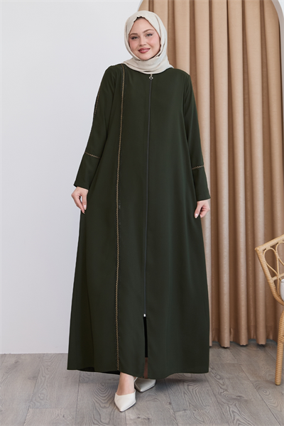 Boydan Renkli Şeritli Haki Ferace