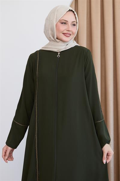 Boydan Renkli Şeritli Haki Ferace