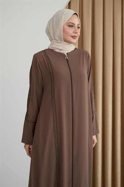 Boydan Renkli Şeritli Sütlü Kahve Ferace