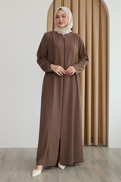 Boydan Renkli Şeritli Sütlü Kahve Ferace