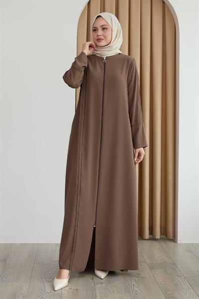 Boydan Renkli Şeritli Sütlü Kahve Ferace