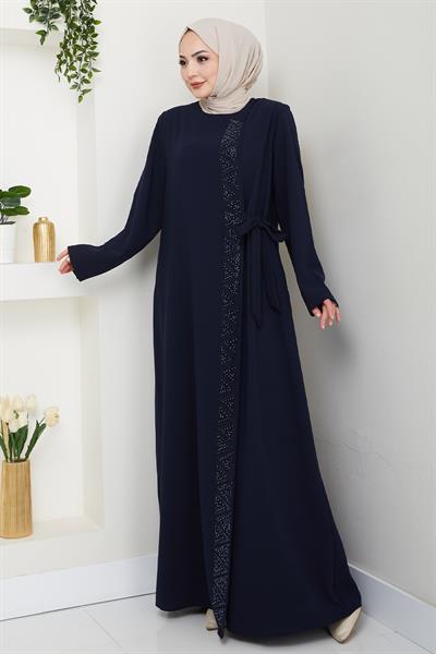 Boydan Üçgen Taşlı Lacivert Ferace