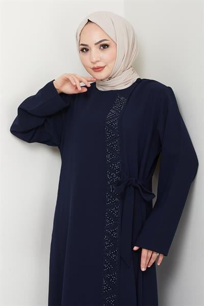 Boydan Üçgen Taşlı Lacivert Ferace